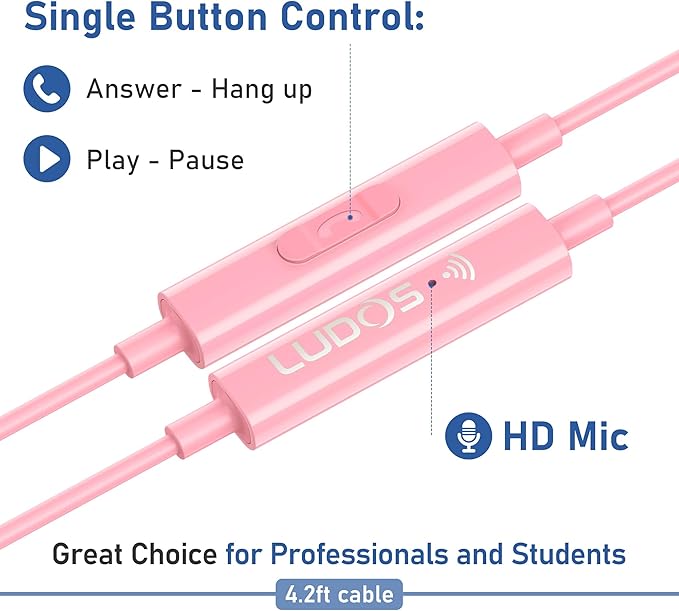 LUDOS FEROX Wired Earbuds in-Ear Headphones, 5 Year Warranty, Earphones with Microphone, Noise Isolation Corded for 3.5mm Jack Ear Buds for iPhone, Samsung, Laptop, Kids, School Students - Pink