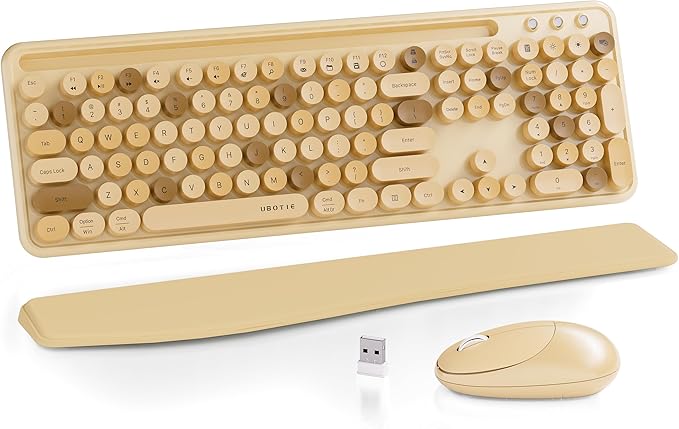 UBOTIE Wireless Keyboard and Mouse Combo with Phone Holder Wrist Rest, Round Colorful Keys, Power Switches, 2.4GHz USB Receiver, Full-Size QWERTY Layout for PC Laptop(Milk-Tea)