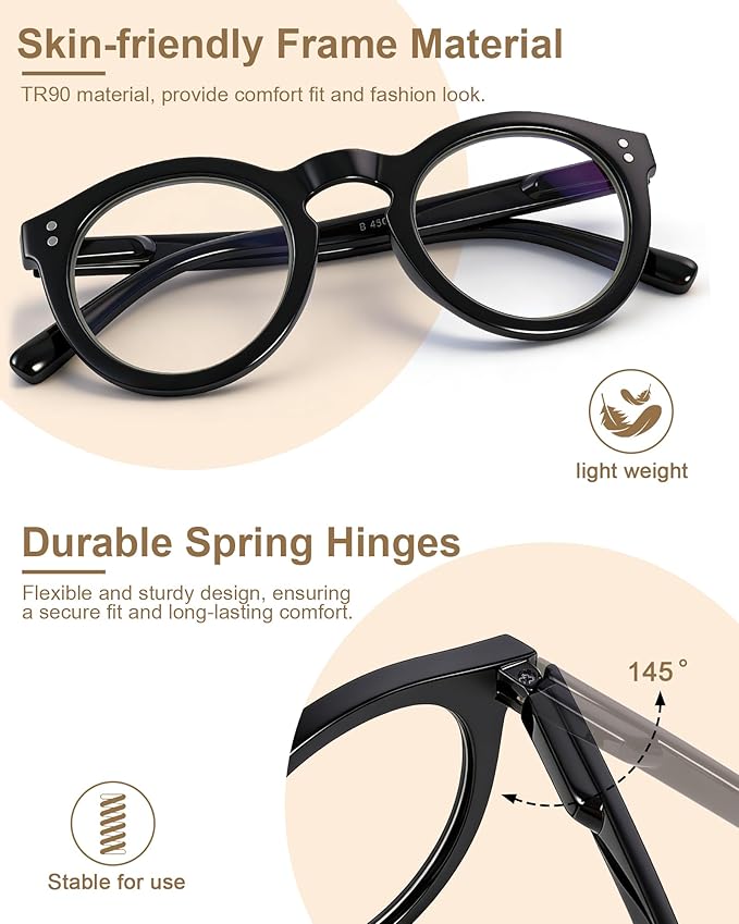 2 Pack Round Blue Light Glasses for Women, TR90 Computer Glasses with Spring Hinge for All-Day Comfort, Anti UV Glare & Eyestrain