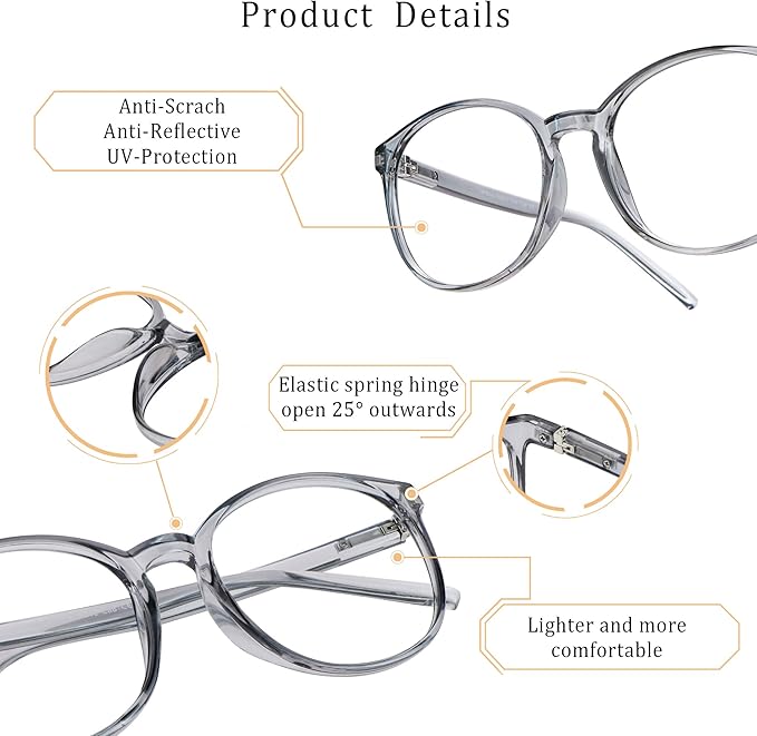 LifeArt Round Blue Light Blocking Glasses, Computer Glasses, Gaming Glasses, TV Glasses for Women Men (Clear Gray, 2.00 Magnification)