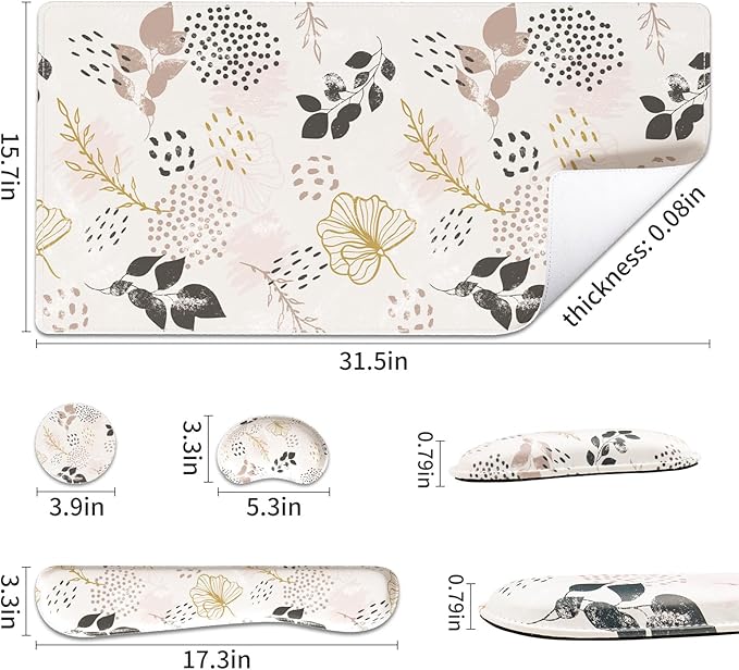 QIYI Leather Desk Mat Set, 4-in-1 Large Mouse Pad with Wrist Rest, Non-Slip Desk Pad + Keyboard Wrist Rest + Mouse Wrist Support + Coaster, Office Desk Accessories Home Decor Supplies, Botanical Leaf