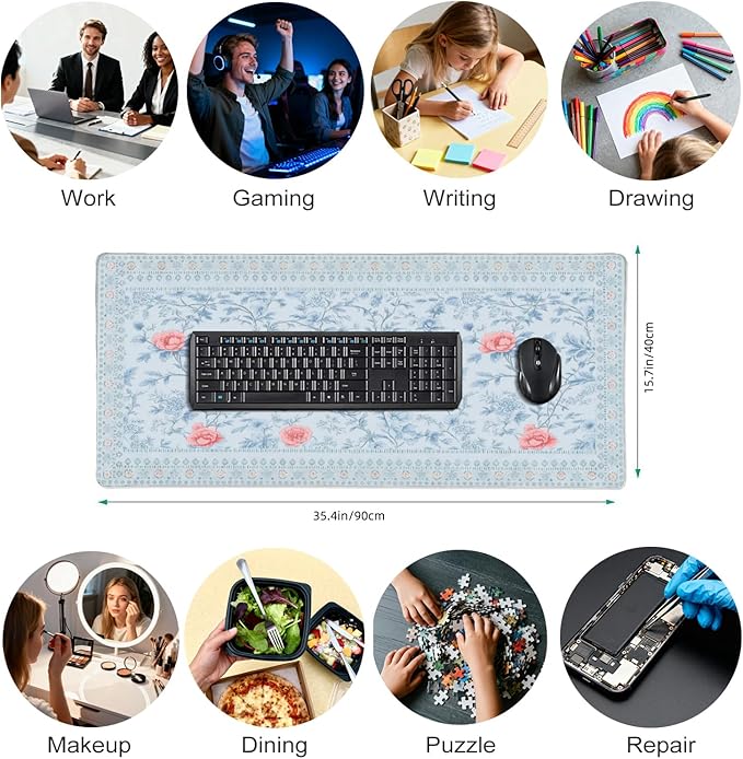 Blue Floral Pattern Mouse Pad XXL Large Anti-Slip Stitched Edges Desk Mat for Women, Home Office Computer Keyboard Desk Pad Mat Cute Aesthetic Office Supplies & Decor