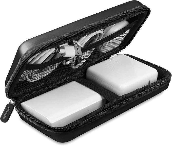 iMangoo Travel Essential Electronics Organizer Charger Case, Shockproof Dual Zipper Power Bank Cables Tech Accessories Pouch Purse, Men & Women Travel Must Have Storage Bag, 8.5x4.5x2 inch Black