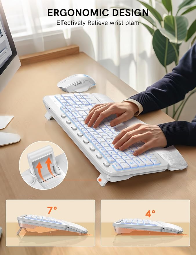 SABLUTE Ergonomic Wireless Keyboard and Mouse Combo - Wave Keyboard with Soft Leather Wrist Rest, Resistant Keys, RGB Backlit Rechargeable Set for PC/Mac/Chromebook (White)
