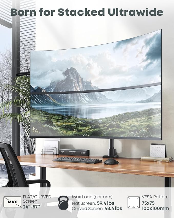 Dual Monitor-Arm Ultrawide Heavy Duty - 24-57 inch Vertical Dual Monitor Mount, Adjustable Stacked Double Monitor Desk Mount Stand, Max Load 59.4 lbs (per Arm), VESA 75/100 mm, Black