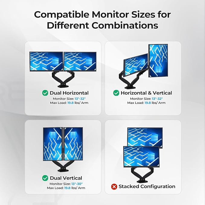 Dual Monitor Arm Stand - Holds 2 Computer Screens up to 32 Inches & 20 lbs Each, Pneumatic Height Adjustable Desk Mount with Articulating Swivel Arms, Full Motion VESA Bracket