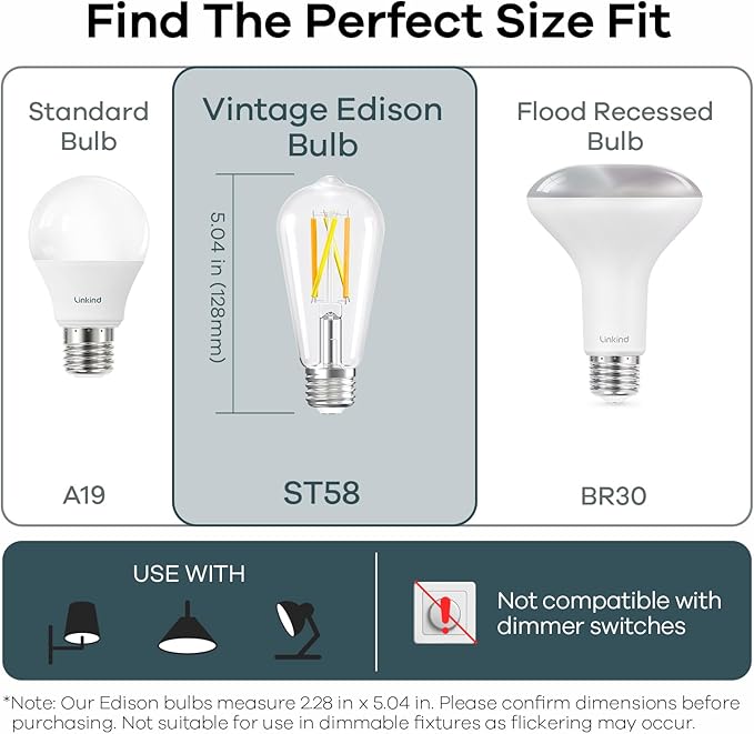 Linkind E26 Smart Edison Bulbs, 2700K-6500K Tunable WiFi Edison Bulbs with Remote Control, 8W 60W Equivalent Dimmable ST19 (ST58) Vintage Light Bulbs 800lm, Compatible with Alexa & Google Home, 4-Pack