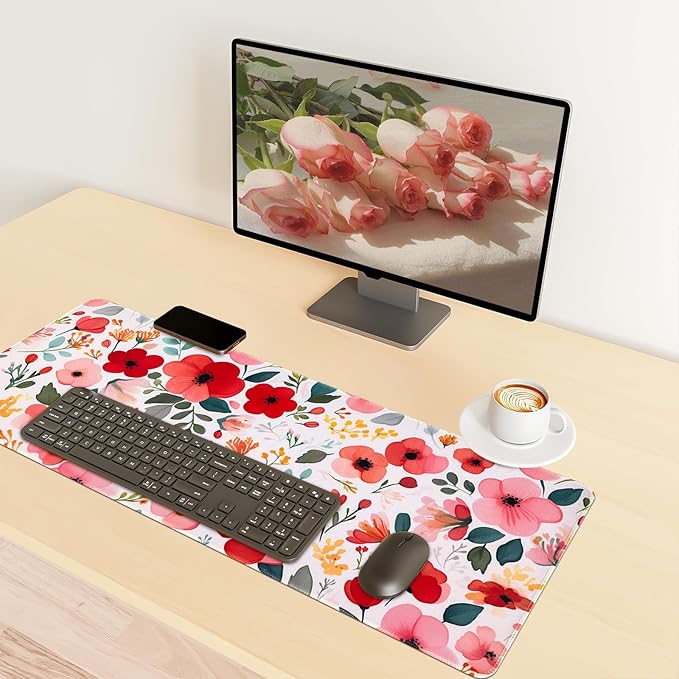 Floral Desk Mat, Desk Matt for Desktop Non-Slip, Large Mouse Pad with Stitched Edges, XL Computer Desk Mat for Women Office Decor (Red, 31.5" x 15.7")