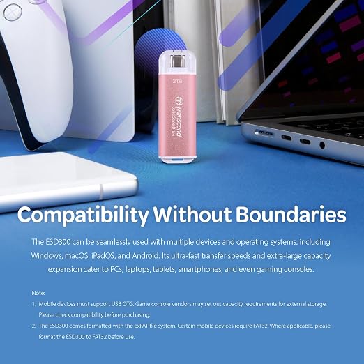 Transcend ESD300 2TB External SSD, Up to 1,050MB/s, Type C USB Drive for iPhone17,16,15, iPad&Mac/Pixel10/Tesla/Steam Deck/ROG Ally/MSI Claw/Android/PS5, Smart TV, USB 3.2 Gen2 Portable SSD- Pink - Image 5