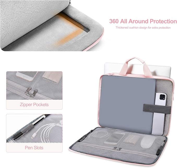MOSISO 360 Protective Laptop Shoulder Bag, 15-15.6 inch Double Layer Fluffy Padded Laptop Bag with Anti-theft Zipper Compatible with MacBook Pro 16 inch, HP, Dell, Lenovo, Asus Notebook, Pink