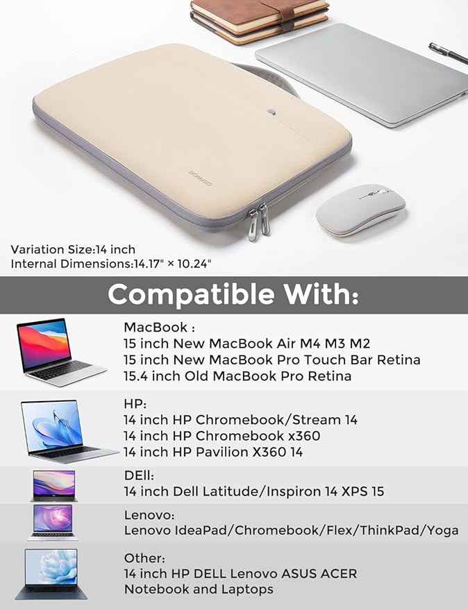 DOMISO 14 inch Laptop Case Sleeve Protective Cover Compatible with 15 inch MacBook Air M4 M3 M2,MacBook Pro,14-15 inch HP Dell ASUS Lenovo Chromebook,Waterproof Computer Cases Bag with Handle,Beige