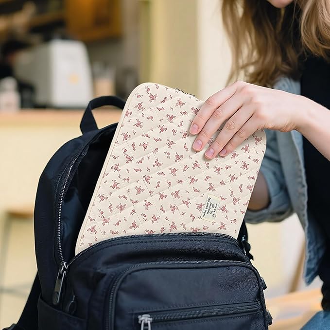 Puffy Laptop Sleeve 15-15.6 Inch Cute Quilted Laptop Protective Case Padded Floral Computer Sleeve for MacBook (A-Pink, 15 Inch)