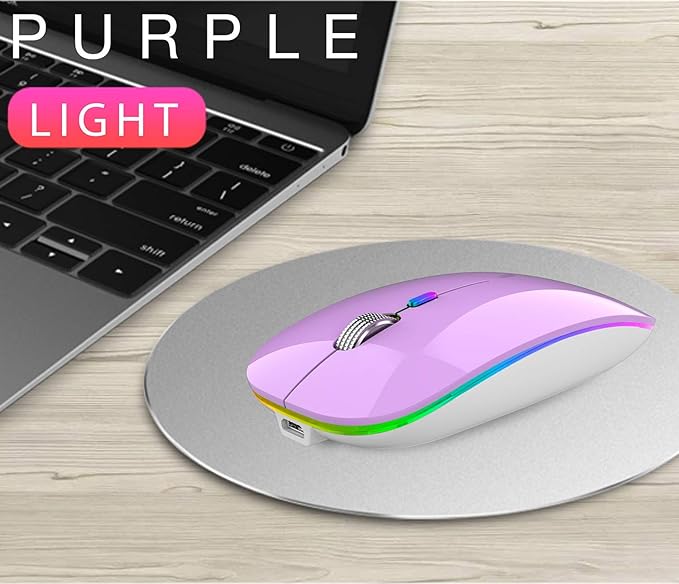 Uiosmuph LED Wireless Mouse, G12 Slim Rechargeable Silent Mouse, 2.4G Portable USB Optical Wireless Computer Mice with USB Receiver and Type C Adapter (Purple)