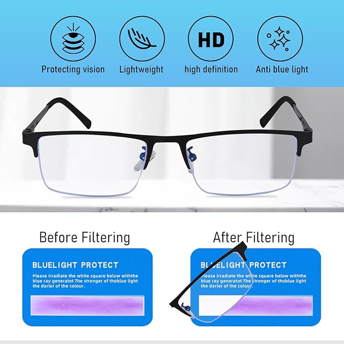 Blue Light Blocking Glasses, Lightweight Metal Half Frame Computer Reading/Gaming/TV/Phones Glasses,Filter UV Ray/Computer Glare with Spring Hinge Eyeglasses(2PCS Black)