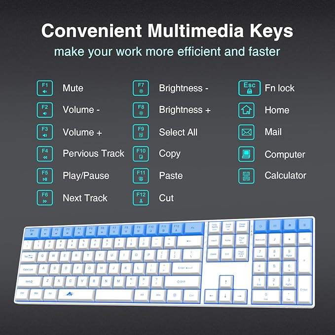 Wireless Backlit Keyboard Quiet - Computer Rechargeable Ergonomic Light UP Keyboard, Silent Keys Full Size Compatible for Windows, Desktop, Laptop, PC, Gaming, PS5 - White