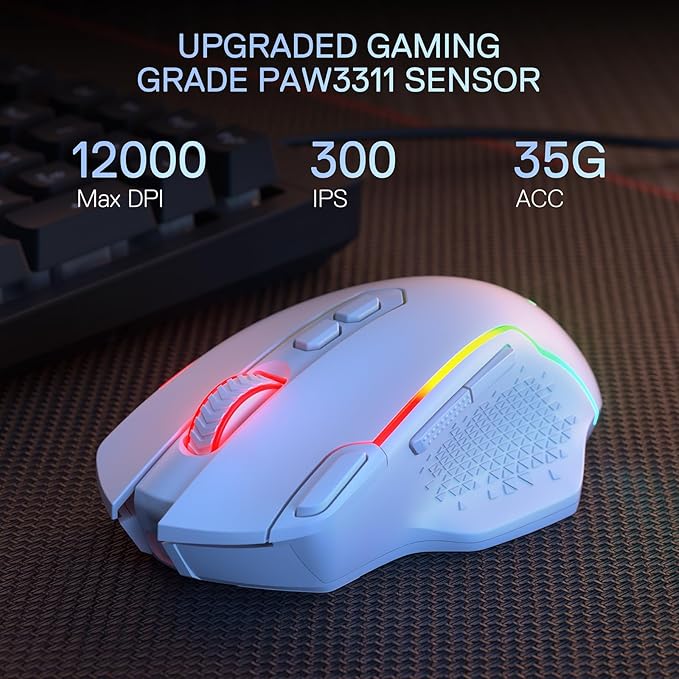Redragon M810 MAX 3-Mode Wireless Gaming Mouse, 12000 DPI Wired/Wireless RGB Mouse w/Rapid Fire Key, 8 Macro Buttons, 188-Hour Reliable Power Capacity for PC/Mac/Laptop