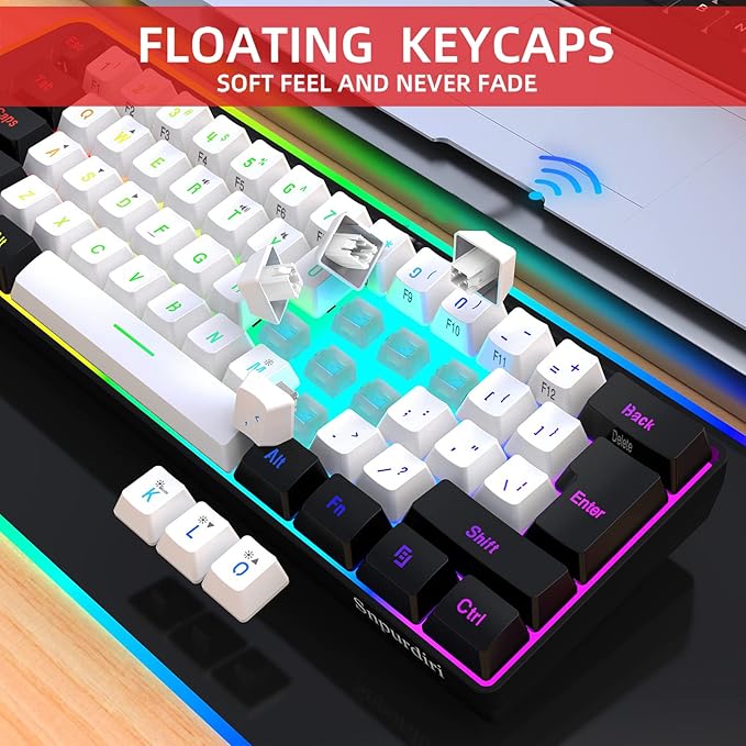 Snpurdiri 2.4G Wireless Gaming Keyboard and Mouse Combo, Include Mini 60% Merchanical Feel RGB Backlit Keyboard, Ergonomic Vertical Feel Small Wireless Mouse(Black and White)