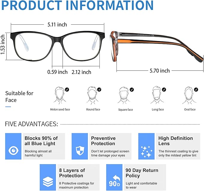 K KENZHOU Blue Light Glasses for Woman Men Bluelight Blocking Glasses for Computer Gaming Phones,Anti Eye Strain & UV Glare