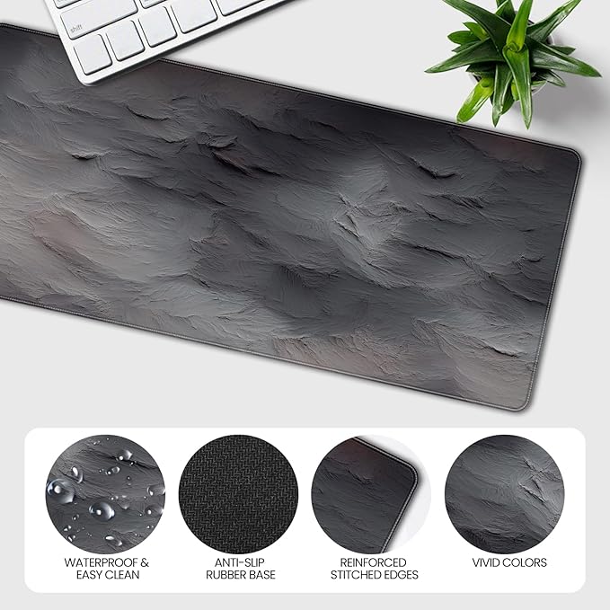 XXL Gray Mouse Pad with a Cement Wall Texture Design, 35.4 x 15.7 inches, Non-Slip Rubber Base, and Waterproof Microfiber Cloth Surface, Suitable for Home Office and Work environments.