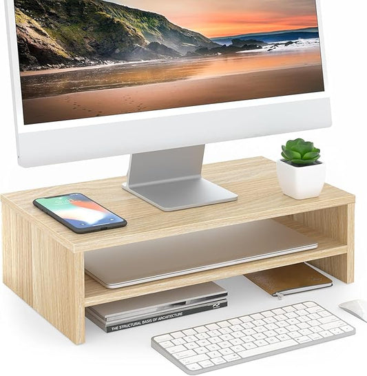 FITUEYES Monitor Stand - 2 Tier Computer Monitor Riser Shelf, Wood Desktop Stand for Laptop Computer Screen, Desk Organization, Office Supplies