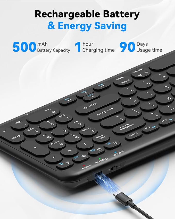 TECKNET Wireless Keyboard Bluetooth & 2.4G USB, Up to 4-Device Connection, USB C Rechargeable Battery, Quiet Typing, Compact Layout, 7° Ergonomic Tilt, Compatible with Windows/Android/iOS, Deep Back