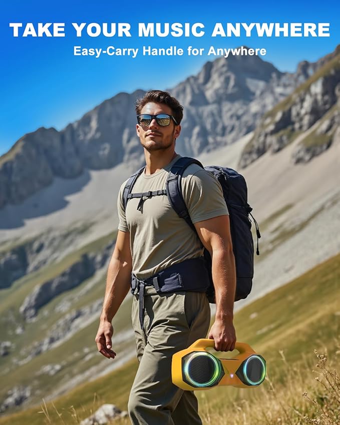 OZJ Bluetooth Speaker 80W(Peak) Loud with Bass, 20H Playtime, IPX7 Waterproof, RGB Lights, TWS, Large Portable Wireless Speakers for Outdoor, Home, Party, Pool, Beach, Tailgating, Gym, Work (Yellow)
