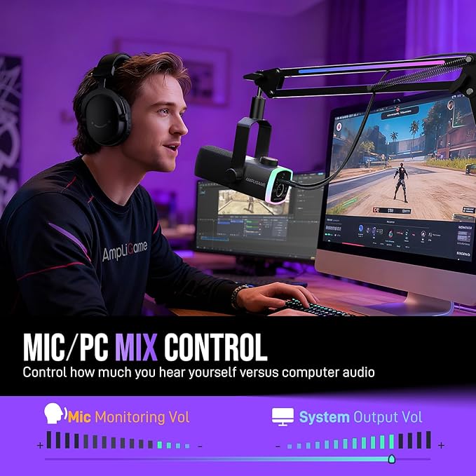 FIFINE Gaming Microphone Kit, XLR/USB Dynamic PC Microphone with Boom Arm for Podcast Recording, RGB Streaming Mic Set, Tap-to-Mute, Mix Control, Headphone Jack-AmpliGame AM8PROT