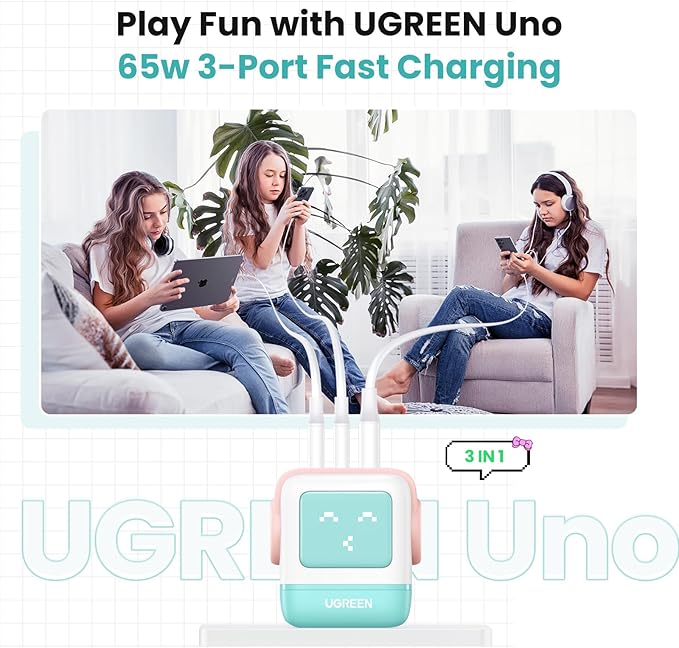 UGREEN Uno 65W USB C Charger Block, 3-Port GaN Charger Fast Charging for iPhone 17, Gifts for Women, for MacBook Pro/Air/Neo, XPS, Galaxy S26/S25, Pixel, Steam Deck, ROG Ally, Pink Blue
