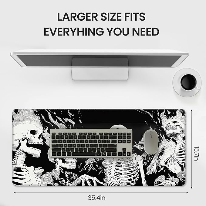 XXL Gaming Mouse Pad, Horror Skull Pattern Black and White, 35.4 x 15.7 Inches, Non-Slip Rubber Base, Waterproof Microfiber Cloth Surface