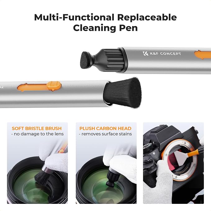 K&F CONCEPT 23 in 1 Camera Lens Cleaning Kit for DSLR Filter with Replaceable Cleaning Pen+Air Blower+Cleaning Liquid+Cleaning Cloth*2+Full-Frame Swab*10+Vacuum Cleaning Cloth*6+Anti-Static Gloves - Image 2