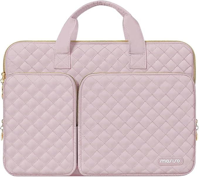 MOSISO 360 Protective Laptop Case 13.3 inch, 13-13.3 inch Laptop Sleeve Compatible with MacBook Air/Pro 13/Pro 14,HP Dell ASUS Lenovo, Square Quilted Bag Cover with 2 Pockets&Handle&Belt, Pink