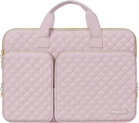 MOSISO 360 Protective Laptop Case 13.3 inch, 13-13.3 inch Laptop Sleeve Compatible with MacBook Air/Pro 13/Pro 14,HP Dell ASUS Lenovo, Square Quilted Bag Cover with 2 Pockets&Handle&Belt, Pink
