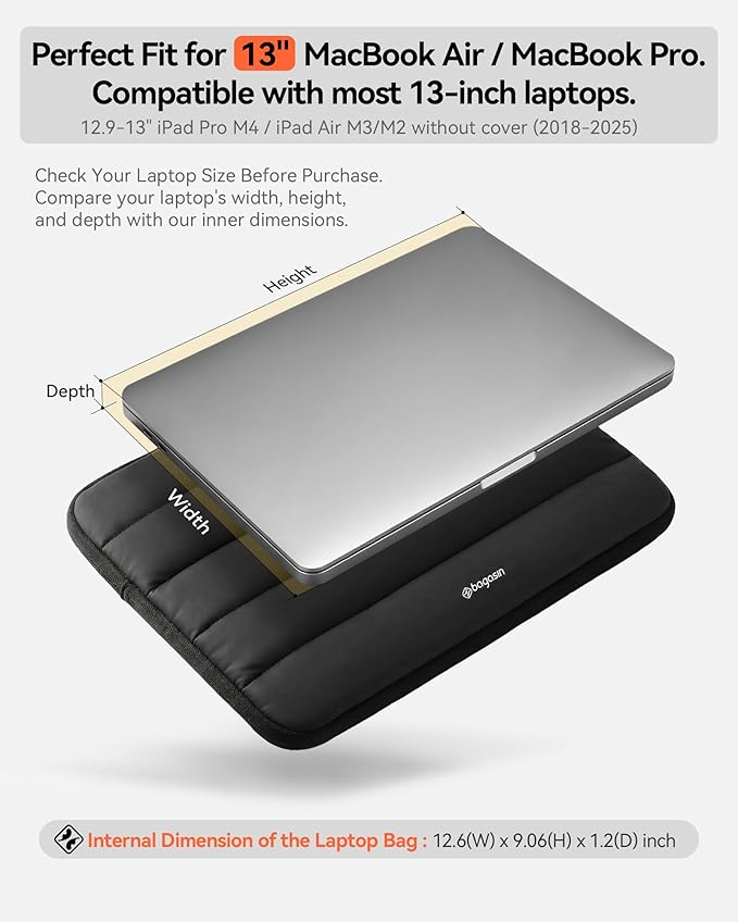 bagasin Laptop Sleeve Bag, 13 13.3 Inch Laptop Sleeve Protective Sleeve for MacBook Air Pro M2/M1, MacBook Pro 14, iPad Pro 12.9, HP, Dell, Lenovo, Asus Notebook