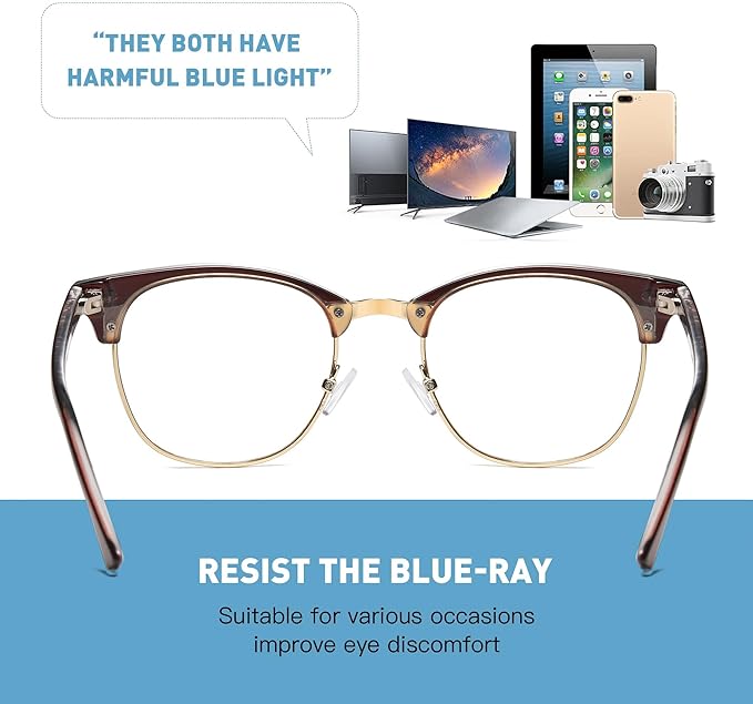 Blue Light Blocking Glasses Vintage Half Frame UV Clear Lens Anti Eyestrain Computer Gaming Glasses for Women Men(P59)