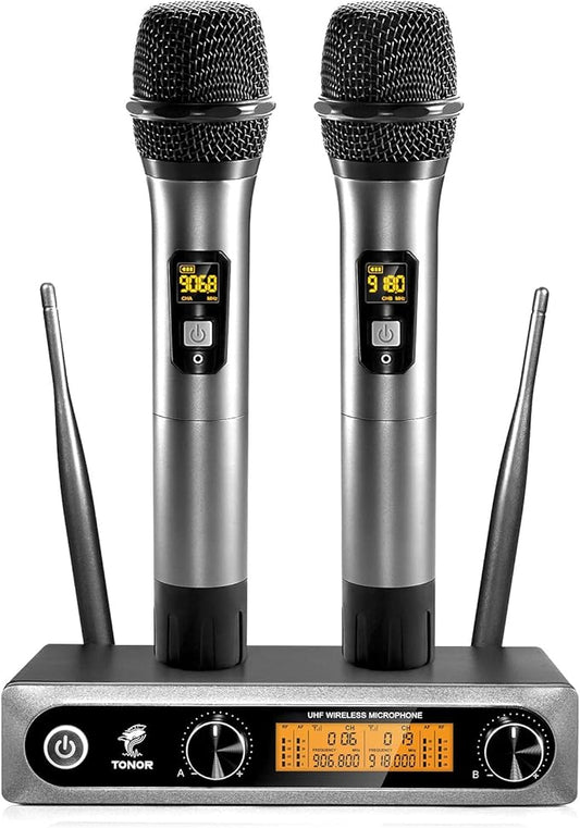 TONOR Wireless Microphones System, 2 * 15 Channel Metal Professional UHF Cordless Dynamic Handheld Mics with Receiver for Home Karaoke, Meeting, Party, Church, Wedding, KTV, 60 m/200ft, TW-820 Silver