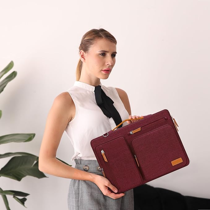 MOSISO 360 Protective Laptop Shoulder Bag,15 inch Computer Bag Compatible with MacBook Air 15 inch M5 M4 M3 M2/Pro 15, Dell XPS Plus,Side Open Messenger Bag with 4 Zipper Pockets&Handle, Wine Red