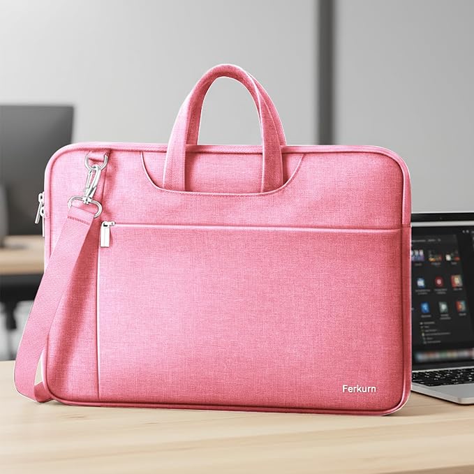 Ferkurn Laptop Case Bag Women Men Computer Sleeve with Shoulder Compatible with HP/Inspiron/Thinkpad/Vivobook/MSI/Surface, 15.6 inch, Pink