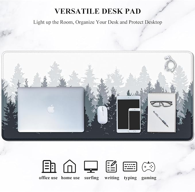 Auhoahsil Large Gaming Mouse Pad, Forest Theme XXL 35.4 x 15.7 in Desk Pad Stitched Non-Slip Rubber Long Computer Mousepad Thin Extended Full Size Desk Mat for Desktop, Laptop, Wireless Mice, White