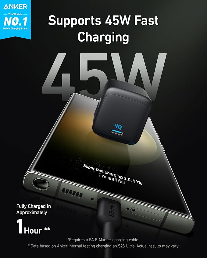 Anker 45W USB C Charger Block, Foldable PPS Fast Charger for iPhone 17/16 and More Series, Supports Super Fast Charging 2.0 for Galaxy S24 Ultra