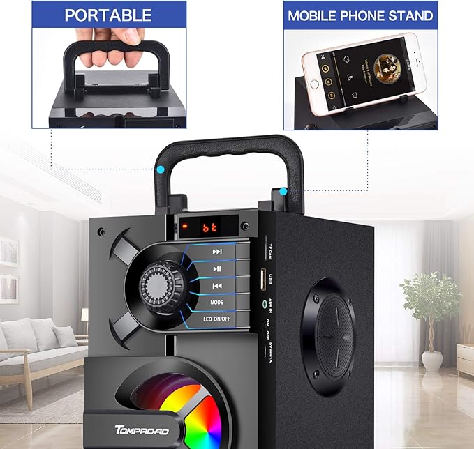 Bluetooth Speaker, Portable Bluetooth Speakers with Subwoofer Wireless Stereo Sound Rich Bass Outdoor Party Speakers Support Remote Control FM Radio LED Lights