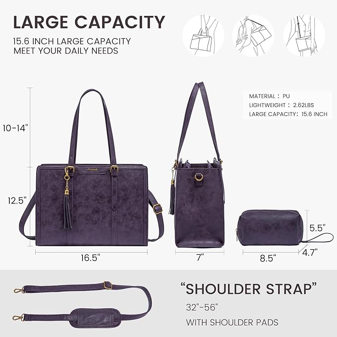 LOVEVOOK Laptop Bag for Women Vintage Leather Laptop Tote 15.6 inch Large Capacity Computer bag with Clutch Purse for Work