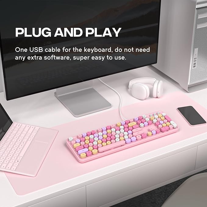 Wired Keyboard, 104 Keys Full-Sized Typewriter Keyboards, USB Plug and Play Office Keyboard with Number Pad, Caps Indicators, Foldable Stands for Windows, PC, Laptop (Pink Colorful)