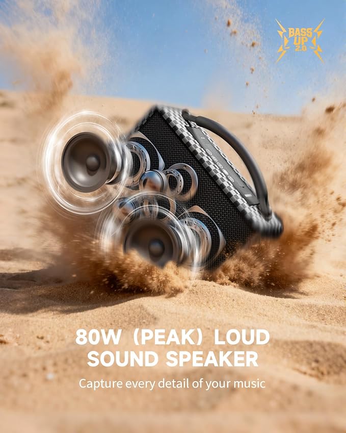 DINDIN Portable Bluetooth Speaker: 80W (Peak), 20H Playtime, Loud Wireless Wood Speakers with Bass, AUX and USB Input, Subwoofer, TWS Pairing, Vintage Speaker for Outdoor, Home, Office (White+Black)