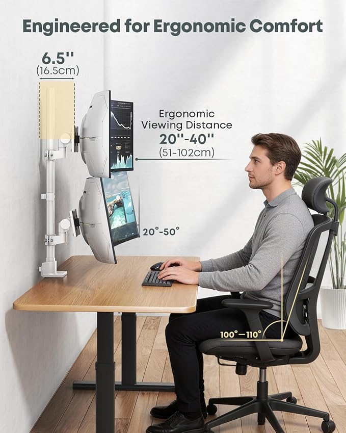Dual Monitor-Arm Heavy Duty Ultrawide - 24-57 inch Vertical Dual Monitor Mount, Adjustable Stacked Double Monitor Desk Mount Stand, Max Load 59.4 lbs (per Arm), VESA 75/100 mm, White