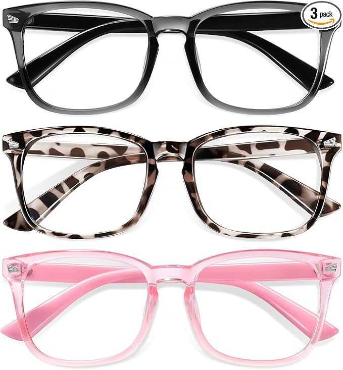 Okany Blue Light Glasses for Kids 3 Pack Blue Light Blocking Glasses for Girls Boys Computer Gaming Screen Glasses, Anti Glare Eyestrain Teen Fashion Glasses Age 3-10 (Grey Black+Leopard+Pink)