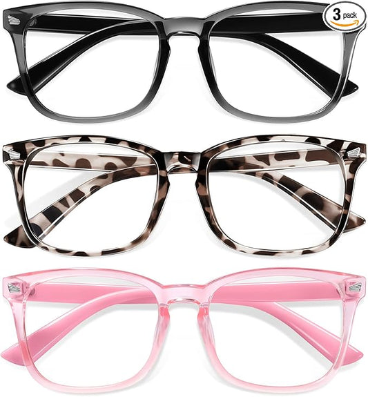 Okany Blue Light Glasses for Kids 3 Pack Blue Light Blocking Glasses for Girls Boys Computer Gaming Screen Glasses, Anti Glare Eyestrain Teen Fashion Glasses Age 3-10 (Grey Black+Leopard+Pink)