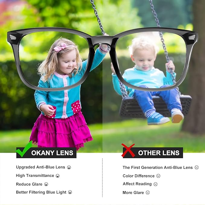 Okany Blue Light Glasses for Kids 3 Pack Blue Light Blocking Glasses for Girls Boys Computer Gaming Screen Glasses, Anti Glare Eyestrain Teen Fashion Glasses Age 3-10 (Grey Black+Leopard+Pink)