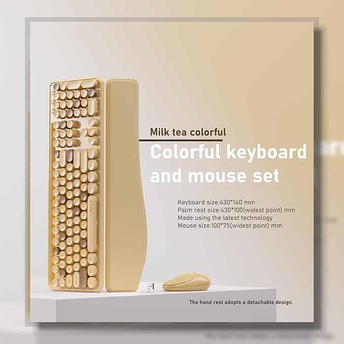 UBOTIE Wireless Keyboard and Mouse Combo with Phone Holder Wrist Rest, Round Colorful Keys, Power Switches, 2.4GHz USB Receiver, Full-Size QWERTY Layout for PC Laptop(Milk-Tea)