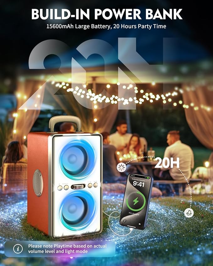 Bluetooth Speaker, 240W Peak Loud Party Speaker with Big Bass, 20H Playtime, TWS, BT5.3, Large Portable Wireless Boom Box with LED Light for Outdoor Backyard Beach Home (Leather Orange)