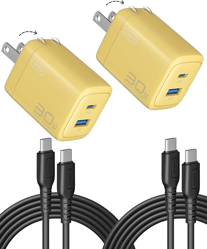 INIU USB C Charger, 2-Pack 30W PD QC Fast Charging Type C Charger Block With 5ft USB-C Cable, Compact USB C Wall Charger With Foldable Plug For iPhone 17 Pro Max, Samsung S25, Commuter, Travel, Yellow